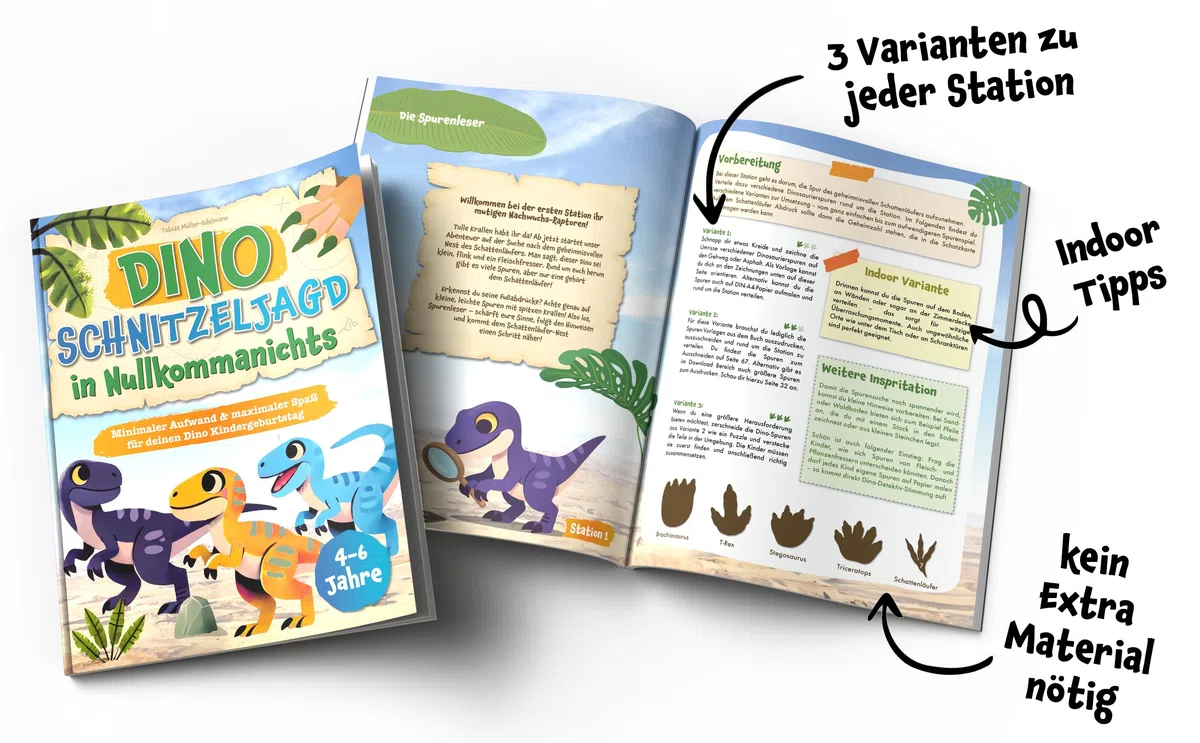 Dino Schnitzeljagd in Nullkommanichts: Minimaler Aufwand & maximaler Spaß für deinen Dino Kindergeburtstag I Schatzsuche Komplettset für Kinder von 4-6 Jahren