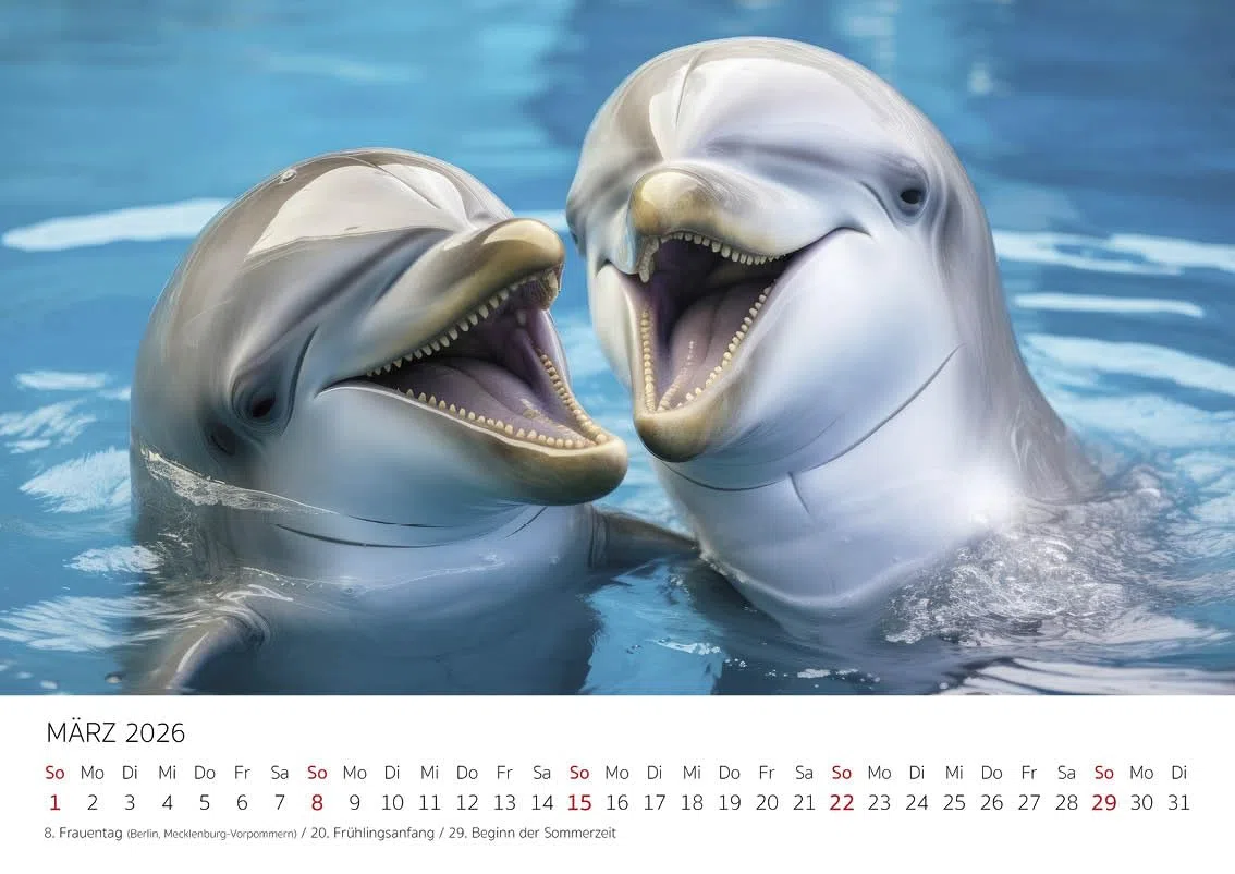 Edition Seidel Premium Kalender Der blaue Delfinkalender 2026 Format DIN A4 Wandkalender Tierkalender Delfin Delfine Säugetiere Meere Ozean
