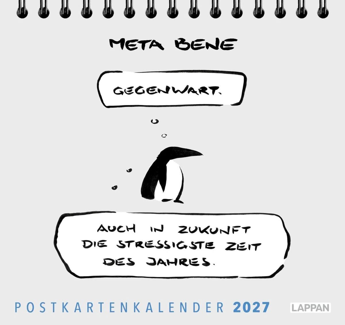 meta bene Postkartenkalender 2027: 52 antrennbare und gut beschreibbare Postkarten | Stabiler Tischkalender und Wochenkalender mit Cartoons für zynische Optimisten