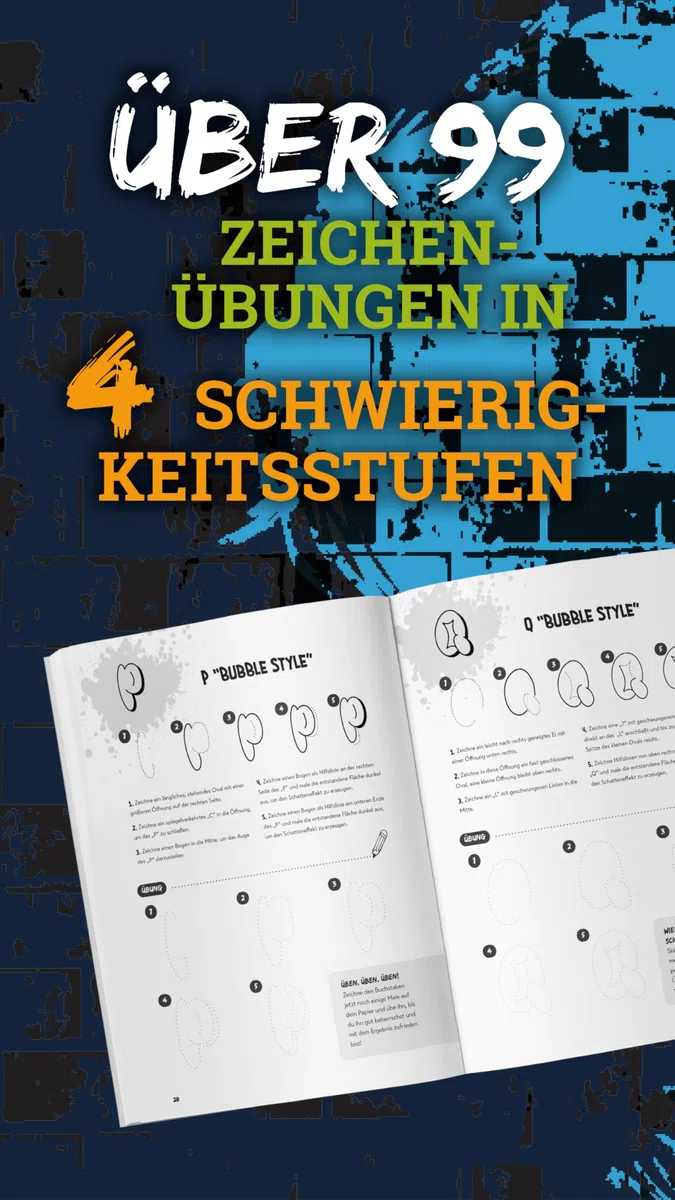 Graffiti für Teenager - vom Kritzler zum Künstler - In 5 Minuten step-by-step Graffiti zeichnen lernen: Buch mit 4 Schwierigkeitsstufen und über 99 Skizzen (für Kinder ab 12 Jahren)