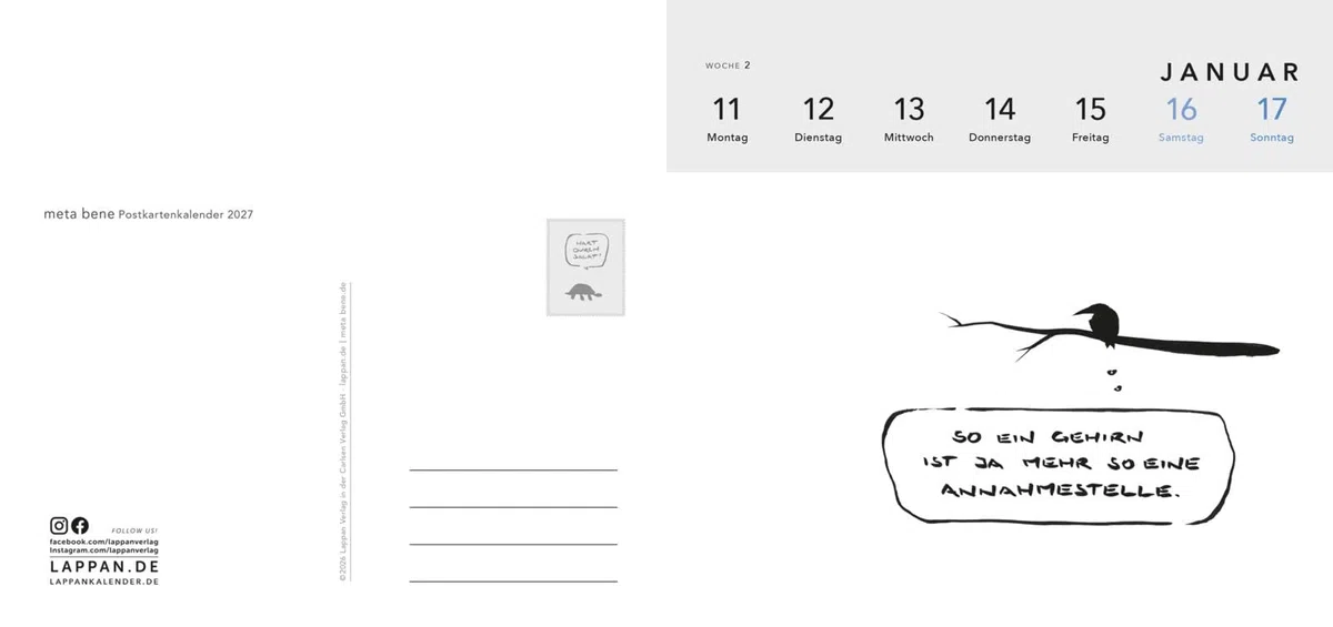 meta bene Postkartenkalender 2027: 52 antrennbare und gut beschreibbare Postkarten | Stabiler Tischkalender und Wochenkalender mit Cartoons für zynische Optimisten