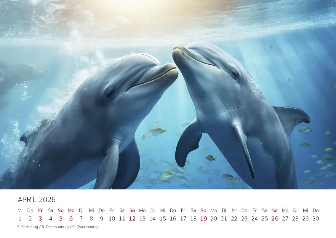 Edition Seidel Premium Kalender Der blaue Delfinkalender 2026 Format DIN A4 Wandkalender Tierkalender Delfin Delfine Säugetiere Meere Ozean