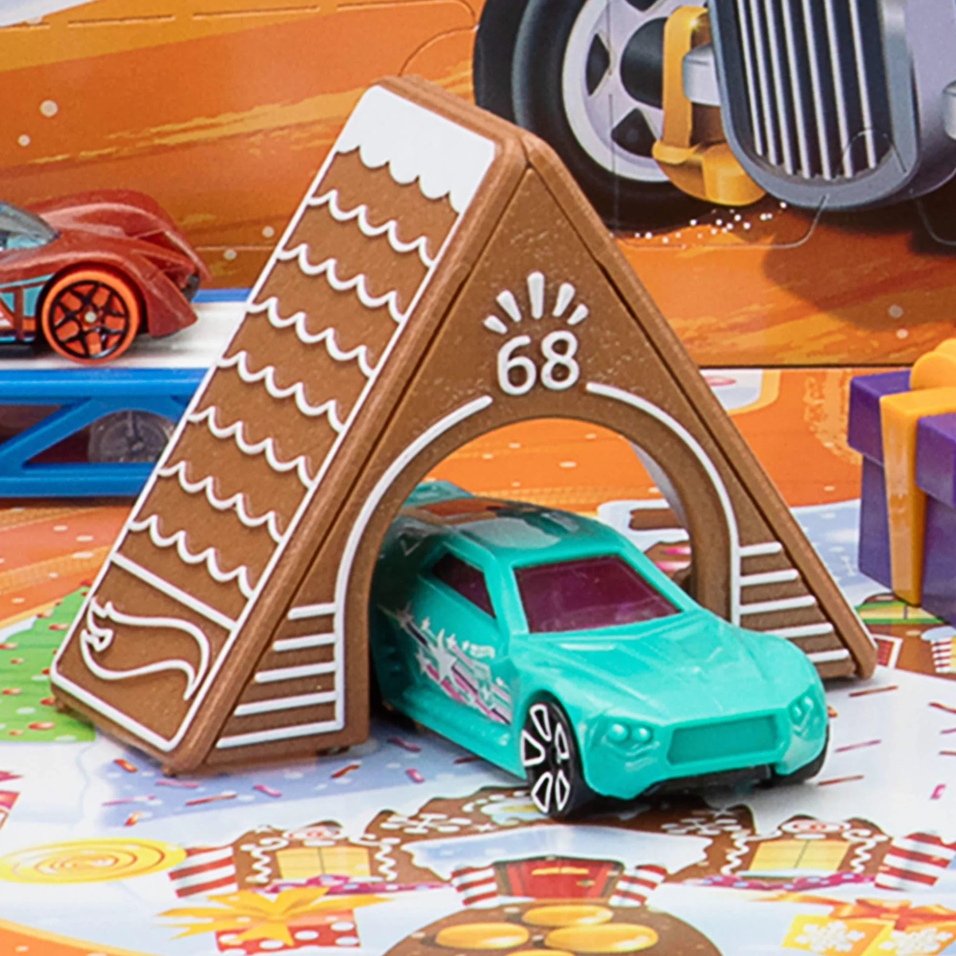 Hot Wheels Spielzeugautos und Spielset, Adventskalender 2025 mit 10 Fahrzeugen im Maßstab 1:64, 10 Clips zum Befestigen und 14 winterlichen Zubehörteilen, JCB47