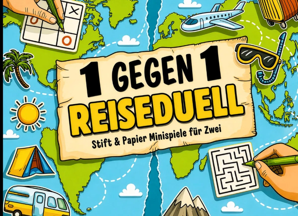 1 gegen 1 Reiseduell: Stift und Papier Minispiele für Zwei | Reisespiele ohne Hilfsmittel | Beschäftigung im Urlaub für Erwachsene, Paare, Familien & Kinder ab 10 Jahre | Ideal für Autofahrten