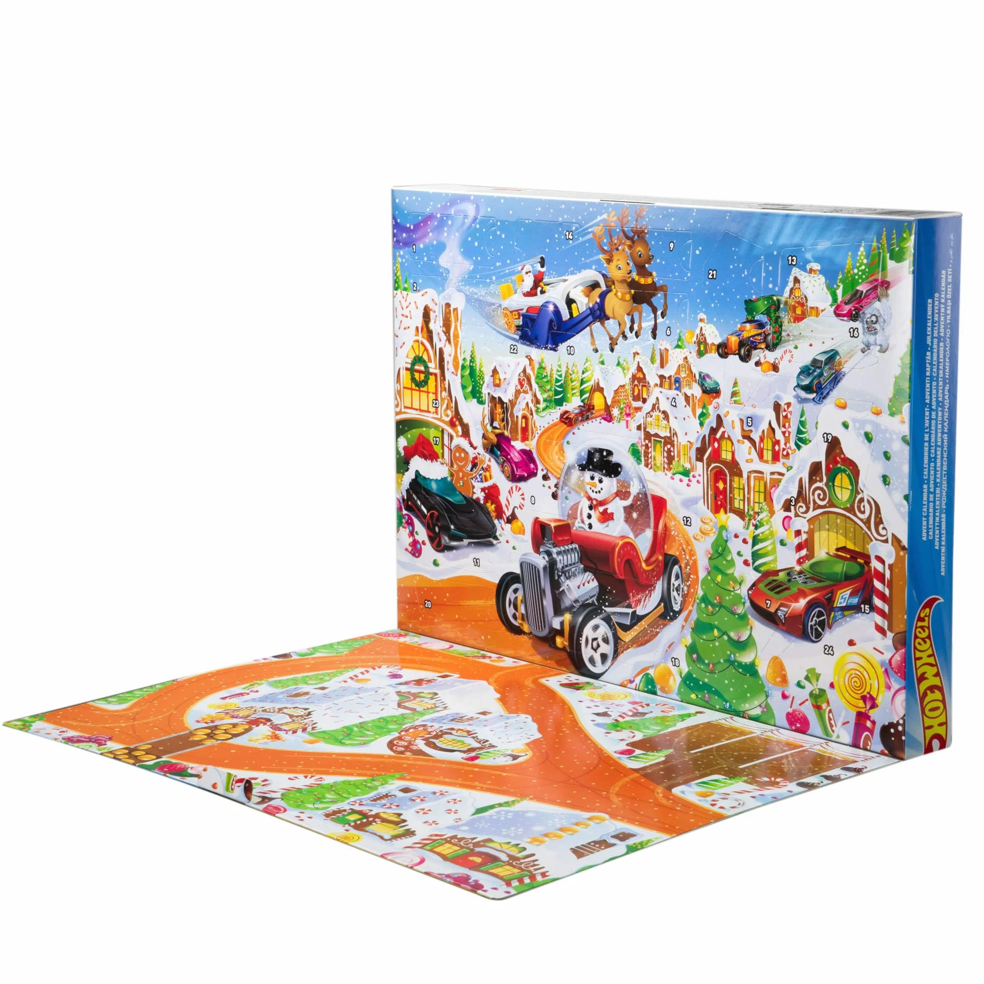 Hot Wheels Spielzeugautos und Spielset, Adventskalender 2025 mit 10 Fahrzeugen im Maßstab 1:64, 10 Clips zum Befestigen und 14 winterlichen Zubehörteilen, JCB47
