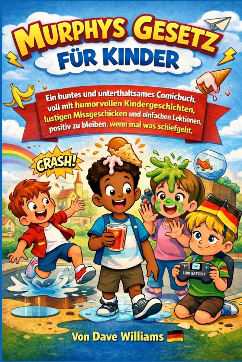 Murphys Gesetz für Kinder: Ein farbenfroher und unterhaltsamer Comic voller lustiger Erlebnisse, Missgeschicke und einfacher Lektionen für alle, die in schwierigen Situationen positiv bleiben wollen.