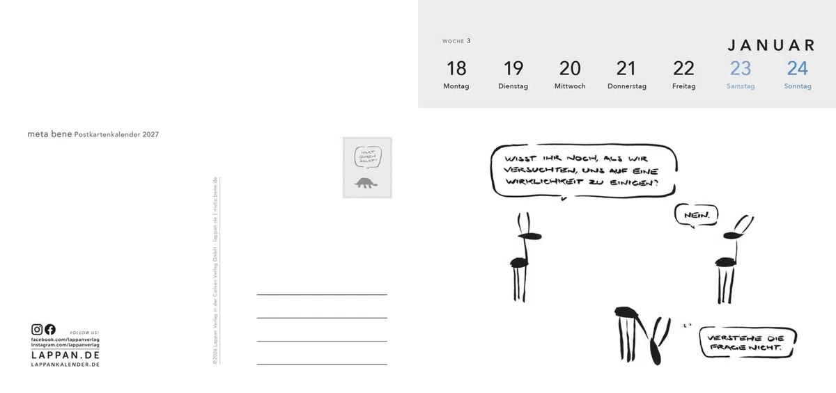 meta bene Postkartenkalender 2027: 52 antrennbare und gut beschreibbare Postkarten | Stabiler Tischkalender und Wochenkalender mit Cartoons für zynische Optimisten
