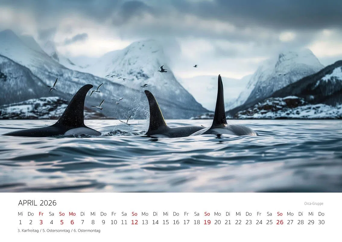 Edition Seidel Premium Kalender Wale Giganten der Meere 2026 Format DIN A4 Wandkalender Wal Buckelwal Belugawal Orca Meer Ozean Unterwasser Welt Christian Müringer