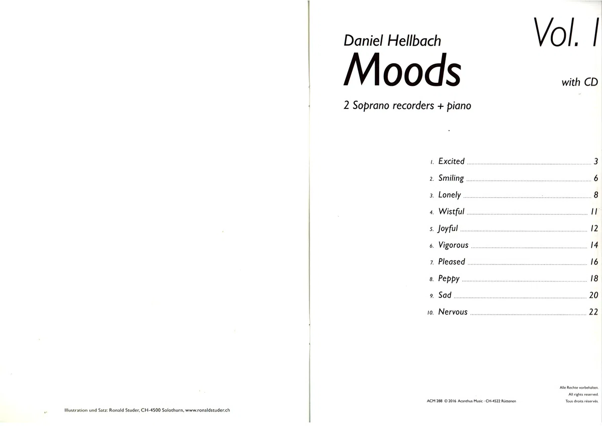 Moods Band 1-10 mittelschwere poppig-rockige Stücke für 2 Sopran-Blockflöten und Klavier von Daniel Hellbach - Notenbuch mit CD und bunter herzförmiger Notenklammer