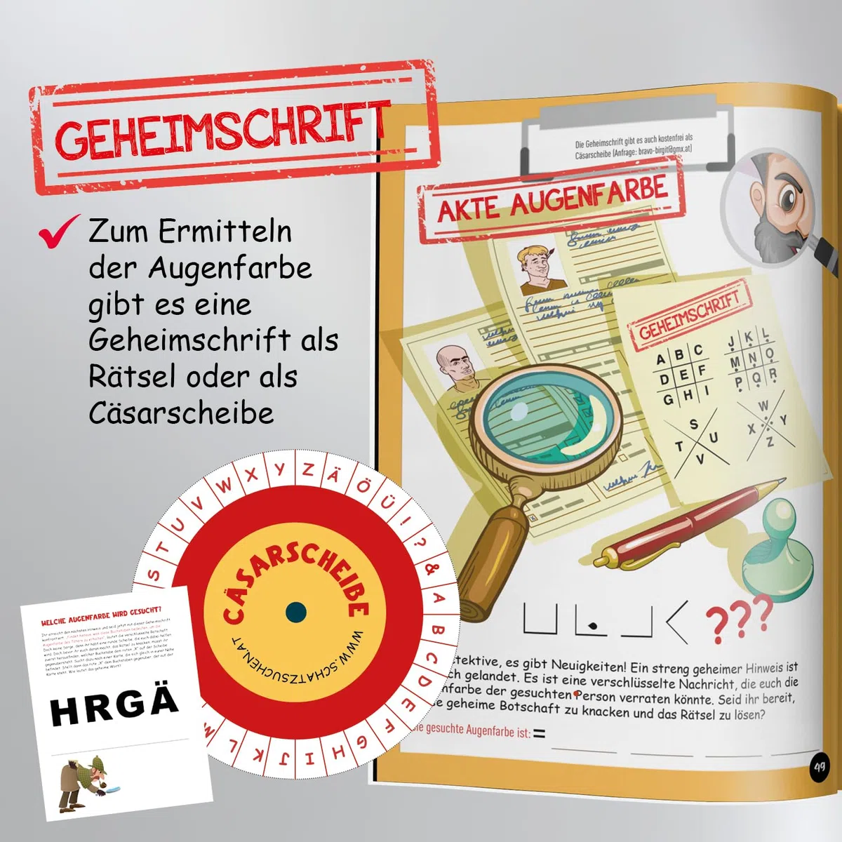 Detektiv Schnitzeljagd Schatzsuche Kindergeburtstag ab 10 Jahre: Fallermittlung mit Fußspuren & Fingerabdrücke lesen sowie Detektiv-Hacks & Cäsar-Geheimschriftscheibe (Bravo Schatzsuche)
