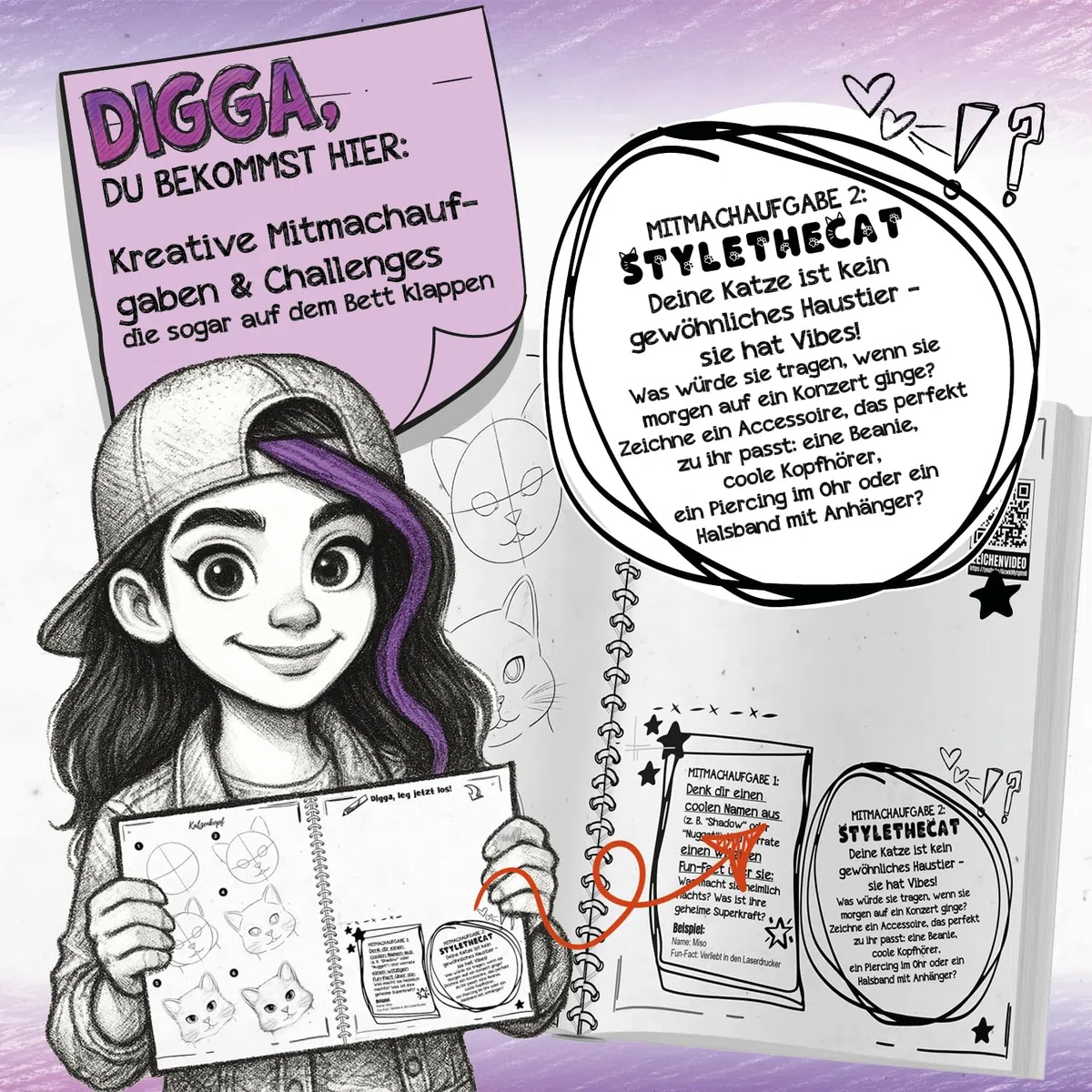 Digga, so geht Zeichnen lernen | Zeichenbuch für Teenager-Mädchen ab 12 Jahren: Coole Motive mit Zeichenvideos, einfacher Schritt für Schritt Anleitung & Kreativchallenges (Digga-Zeichenbuchreihe)