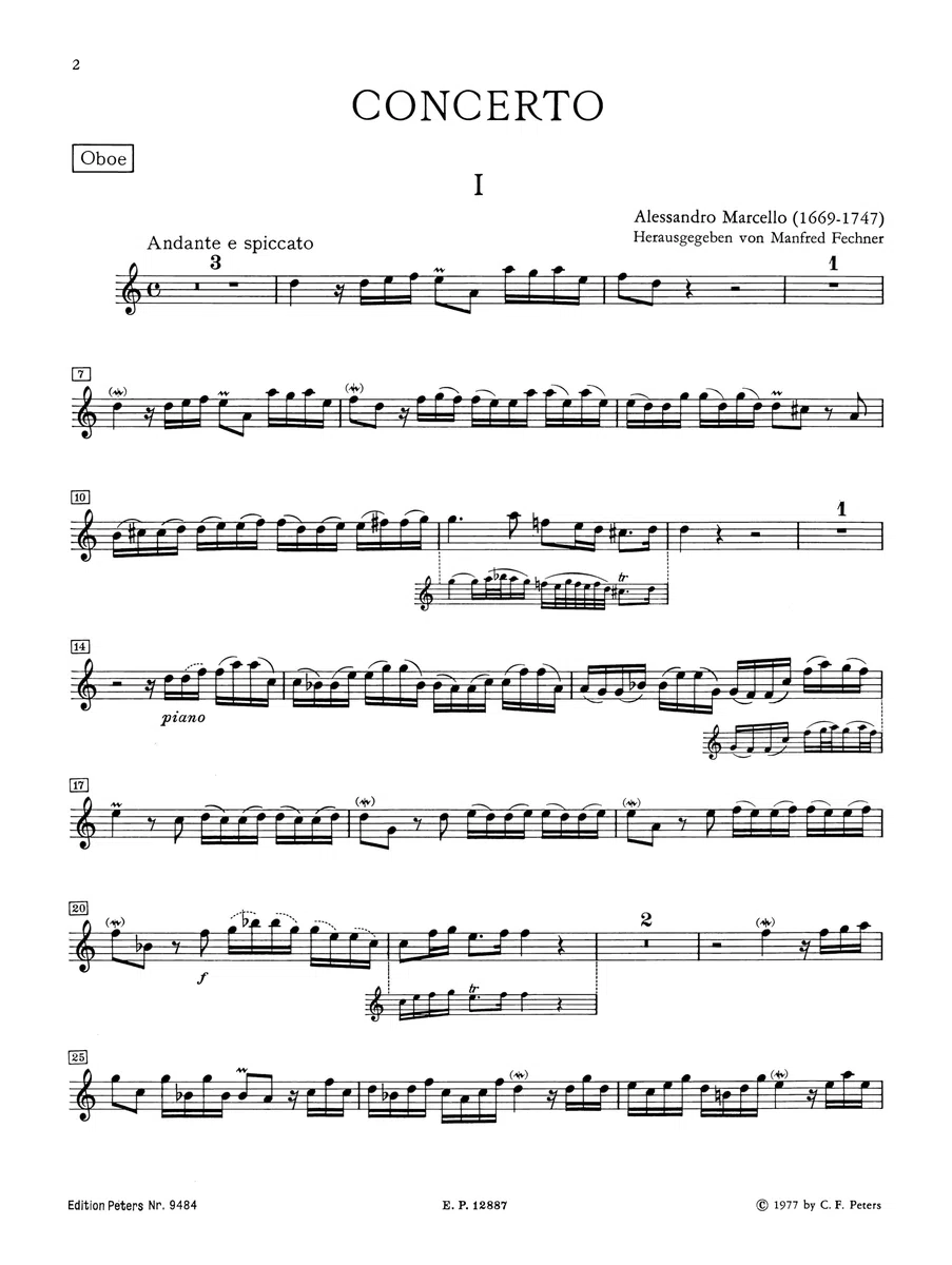 Oboenkonzert d-Moll für Oboe u. Klavier, Urtext (Fechner): Für Oboe, Streicher und Basso Continuo (Edition Peters)