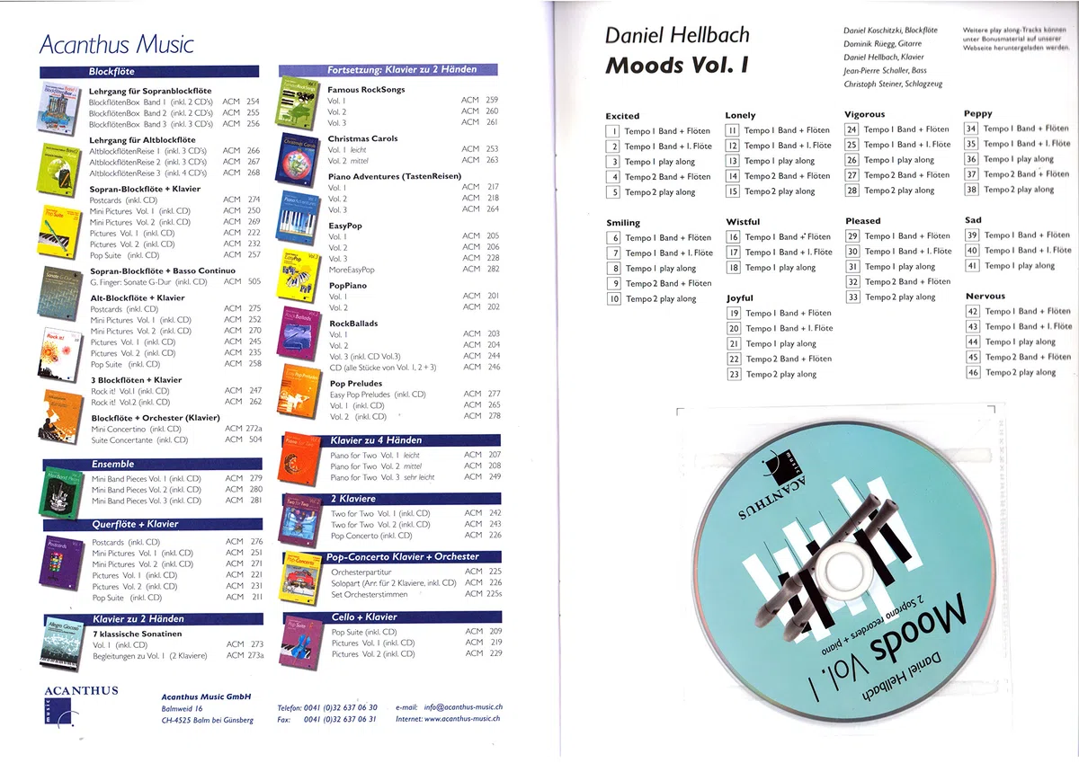 Moods Band 1-10 mittelschwere poppig-rockige Stücke für 2 Sopran-Blockflöten und Klavier von Daniel Hellbach - Notenbuch mit CD und bunter herzförmiger Notenklammer