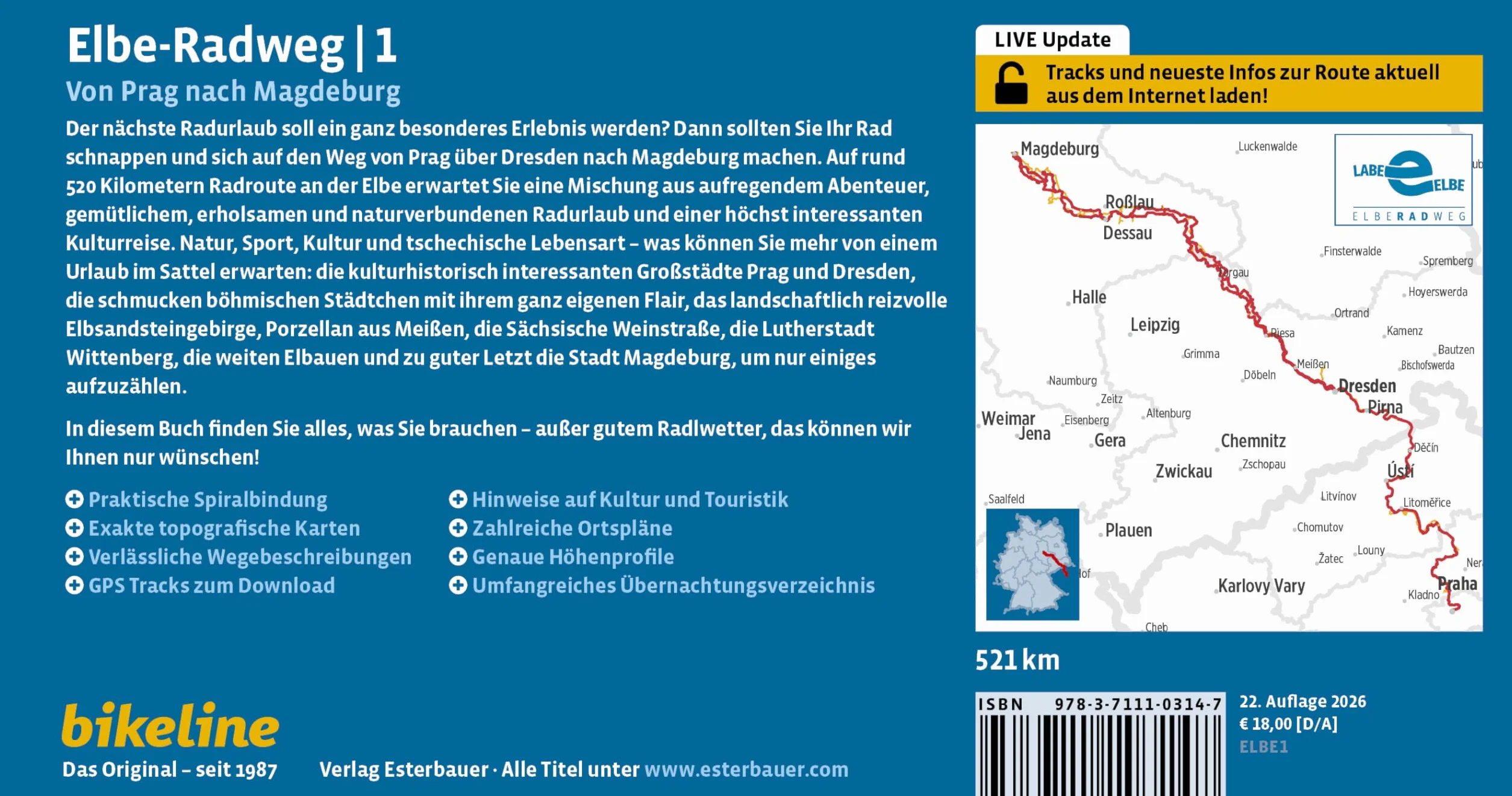 Elbe-Radweg / Elbe-Radweg 1: Von Prag nach Magdeburg, 1:75.000, 521 km, GPS-Tracks Download, LiveUpdate, Übernachtungsverzeichnis (Bikeline Radtourenbücher)