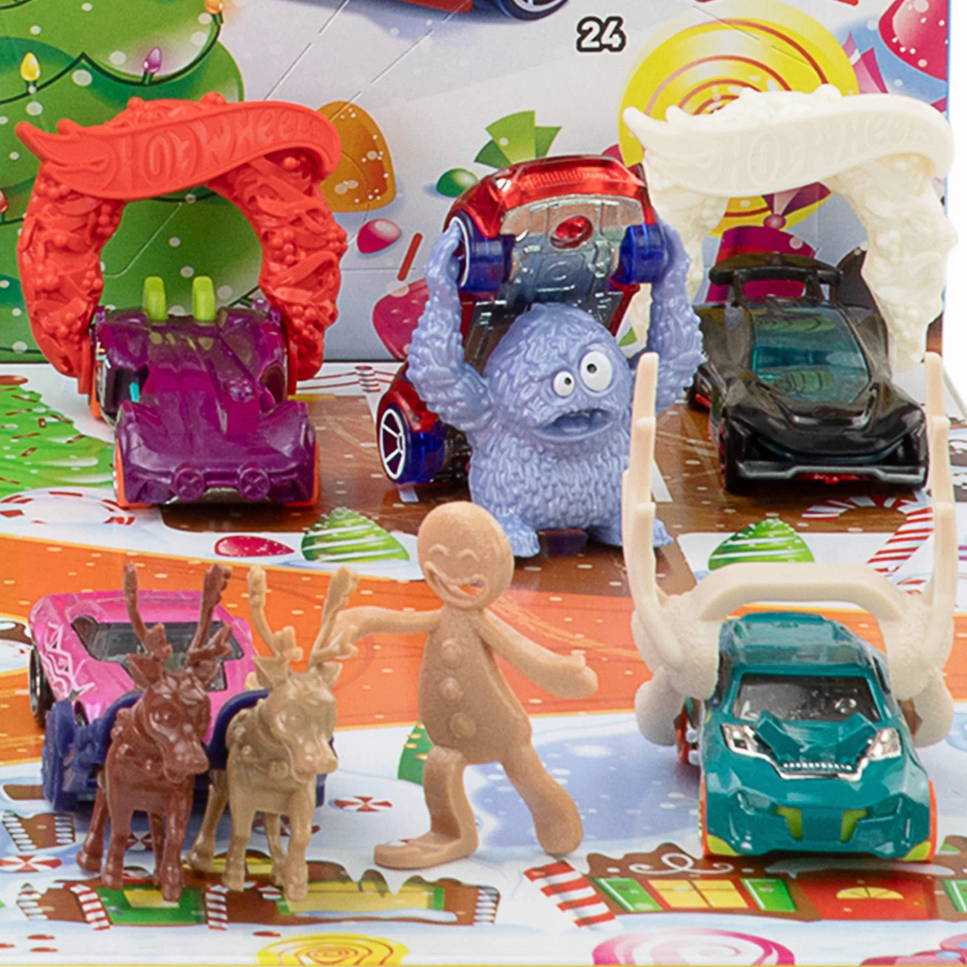 Hot Wheels Spielzeugautos und Spielset, Adventskalender 2025 mit 10 Fahrzeugen im Maßstab 1:64, 10 Clips zum Befestigen und 14 winterlichen Zubehörteilen, JCB47