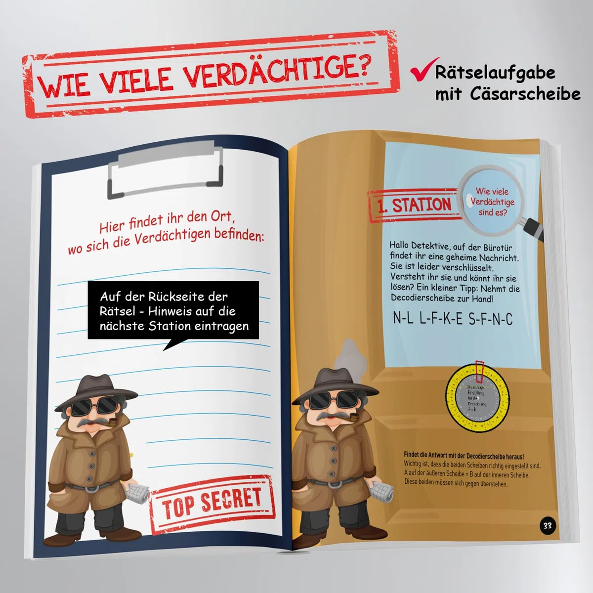 Detektiv Schnitzeljagd Schatzsuche Kindergeburtstag ab 10 Jahre: Fallermittlung mit Fußspuren & Fingerabdrücke lesen sowie Detektiv-Hacks & Cäsar-Geheimschriftscheibe (Bravo Schatzsuche)