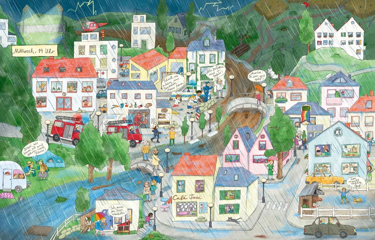 Hätte, hätte, Eimerkette: Ein Bilderbuch von Flut, Mut und Wiedergut | Detailreiches Wimmelbuch zum Thema Klimawandel für Kinder ab 5 Jahren