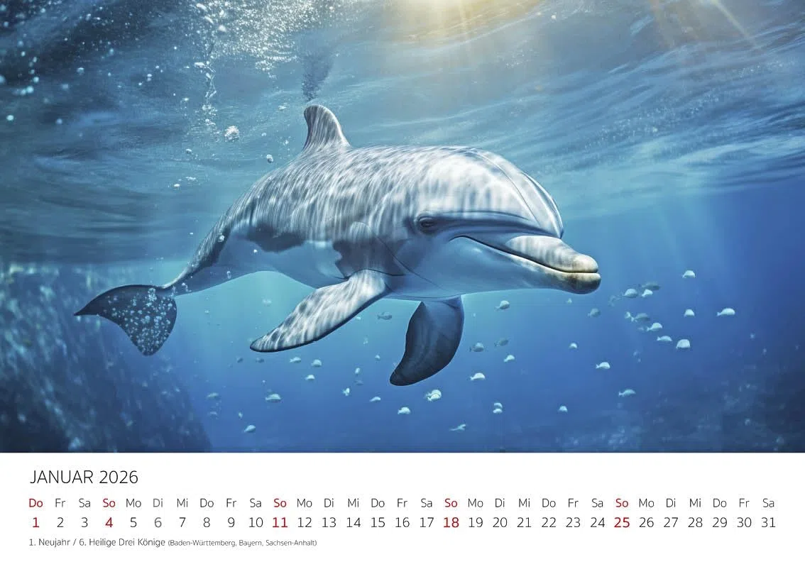 Edition Seidel Premium Kalender Der blaue Delfinkalender 2026 Format DIN A4 Wandkalender Tierkalender Delfin Delfine Säugetiere Meere Ozean
