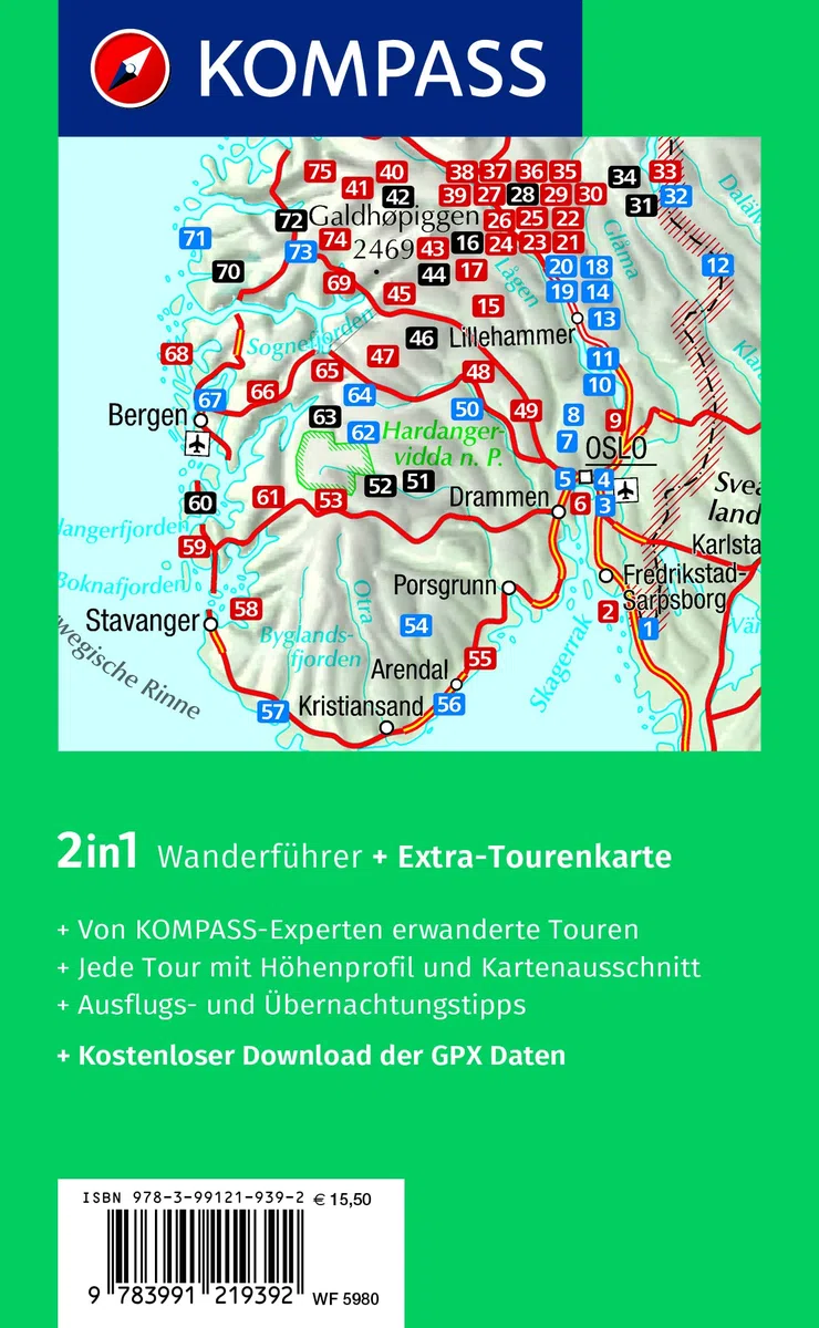 KOMPASS Wanderführer Norwegen Süd, Von Oslo bis zum Geirangerfjord, 75 Touren mit Extra-Tourenkarte: GPS-Daten zum Download