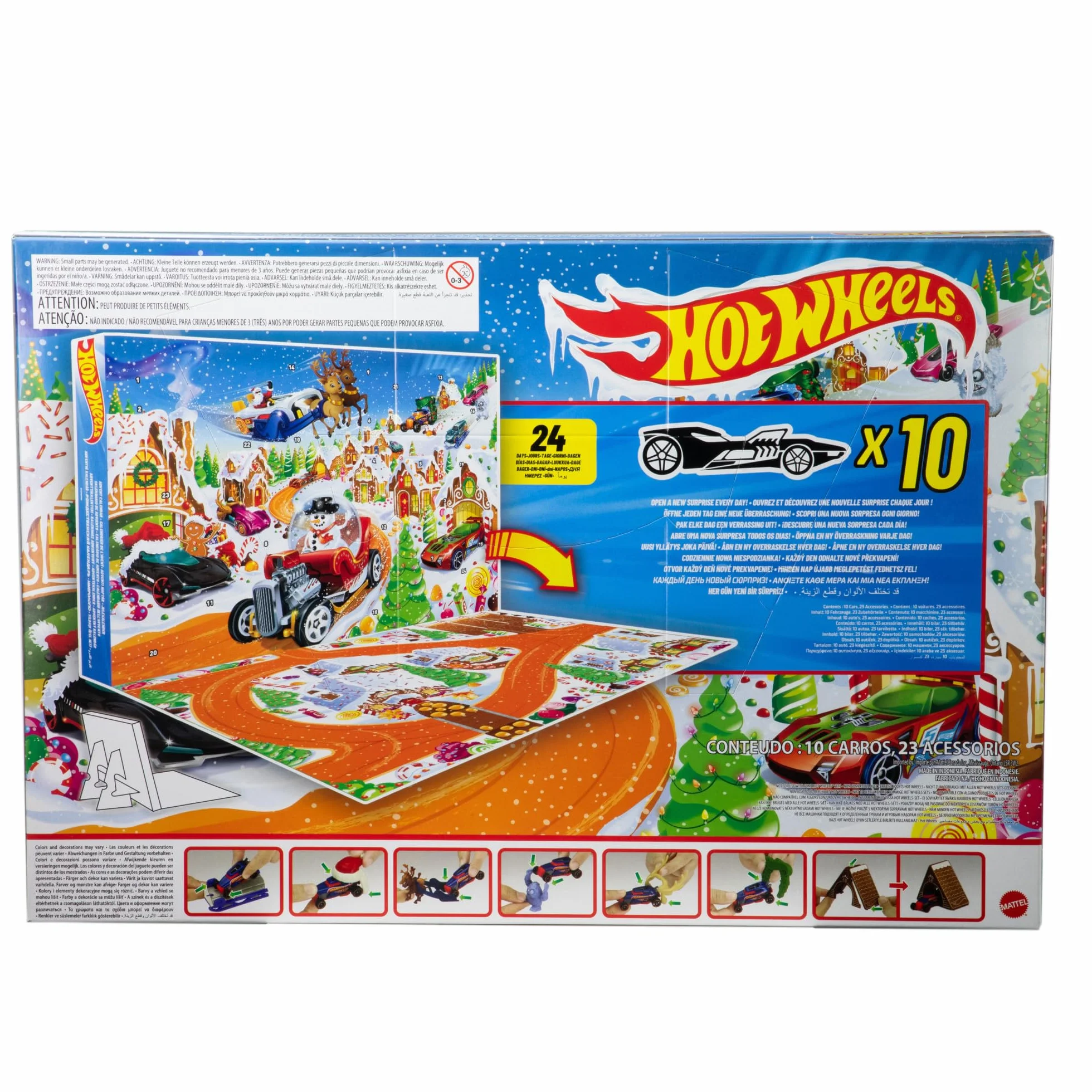Hot Wheels Spielzeugautos und Spielset, Adventskalender 2025 mit 10 Fahrzeugen im Maßstab 1:64, 10 Clips zum Befestigen und 14 winterlichen Zubehörteilen, JCB47