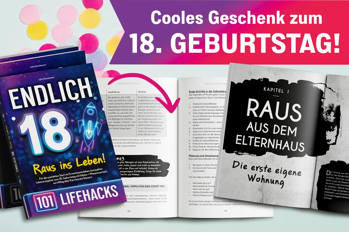 Endlich 18! Raus ins Leben - 101 Lifehacks: Für den perfekten Start ins Erwachsenenleben, kompakter Lebensratgeber zum 18. Geburtstag mit Fakten + Wissenswertem, von Alltag über Karriere bis Steuern