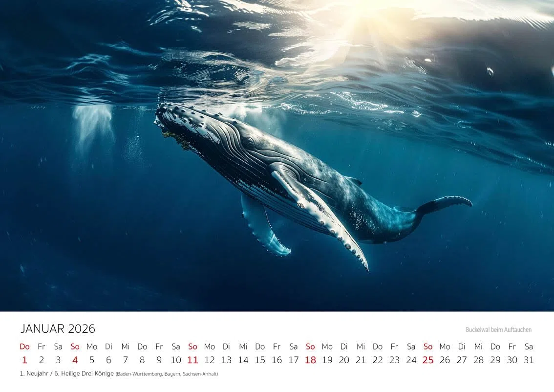 Edition Seidel Premium Kalender Wale Giganten der Meere 2026 Format DIN A4 Wandkalender Wal Buckelwal Belugawal Orca Meer Ozean Unterwasser Welt Christian Müringer