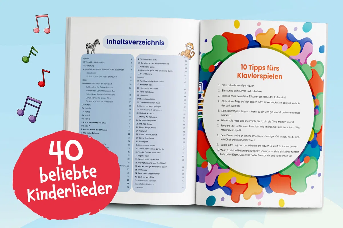 Klavier lernen für Kinder: Die Klavierschule mit bunten Klaviernoten zur musikalischen Früherziehung inkl. Klaviertasten-Schablonen zum Ausschneiden + Audio-Dateien zum Download