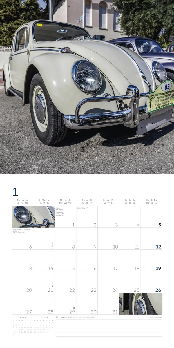 Volkswagen Käfer Kalender 2025 Broschürenkalender, 30x30cm, Kalender mit verschiedensten Abbildungen vom VW Käfer, mit Bucket List und internationalen Feiertaqgem, mit Aufhänger