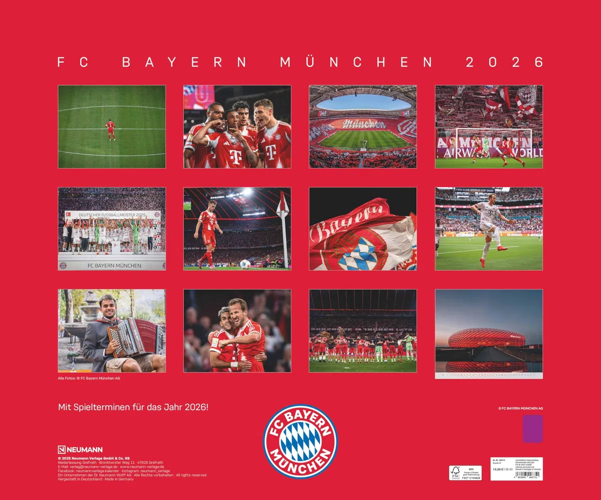 N Neumann - FC Bayern München 2026 – Wandkalender 60x50 cm mit 12 Monatsblättern, deutschem Kalendarium & Spiralbindung, offizieller Fußball-Fankalender mit Stadion- & Team-Fotografien