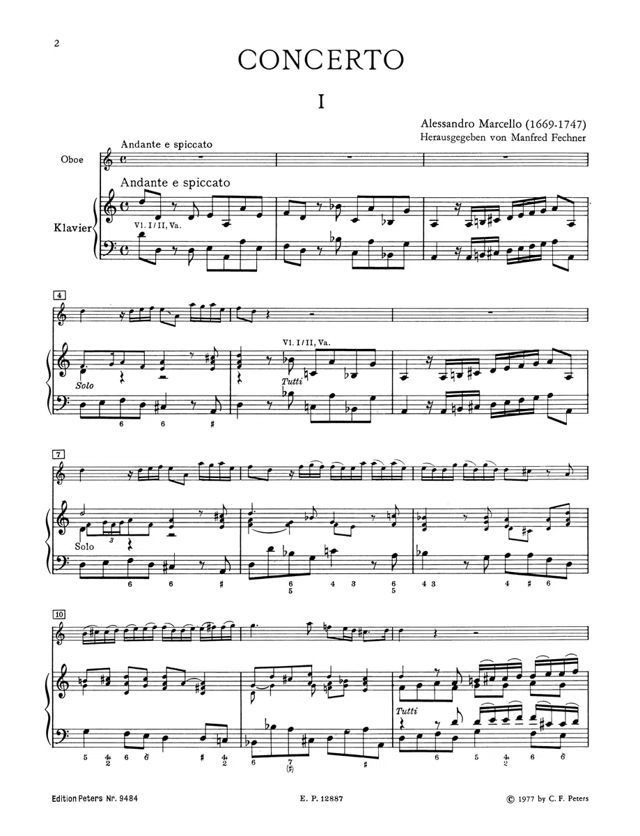 Oboenkonzert d-Moll für Oboe u. Klavier, Urtext (Fechner): Für Oboe, Streicher und Basso Continuo (Edition Peters)