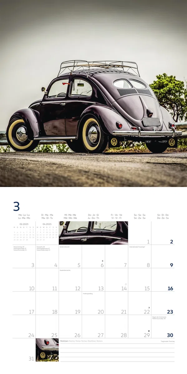 Volkswagen Käfer Kalender 2025 Broschürenkalender, 30x30cm, Kalender mit verschiedensten Abbildungen vom VW Käfer, mit Bucket List und internationalen Feiertaqgem, mit Aufhänger