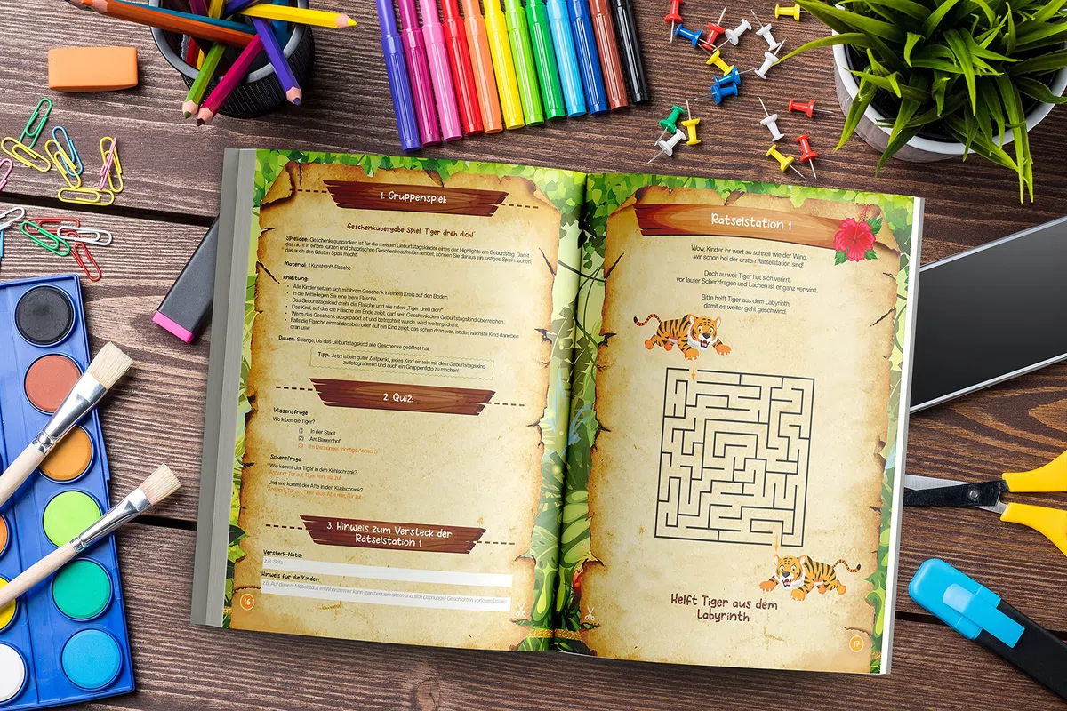 Schnitzeljagd Kindergeburtstag: 4 bis 6 Jahre | Findet mit Tiger den Dschungel-Schatz, löst die Rätsel und Spiele ratz-fatz! Komplette DIY Schatzsuche inkl. Einladungen, Urkunden, Kuchen-Deko u.v.m.
