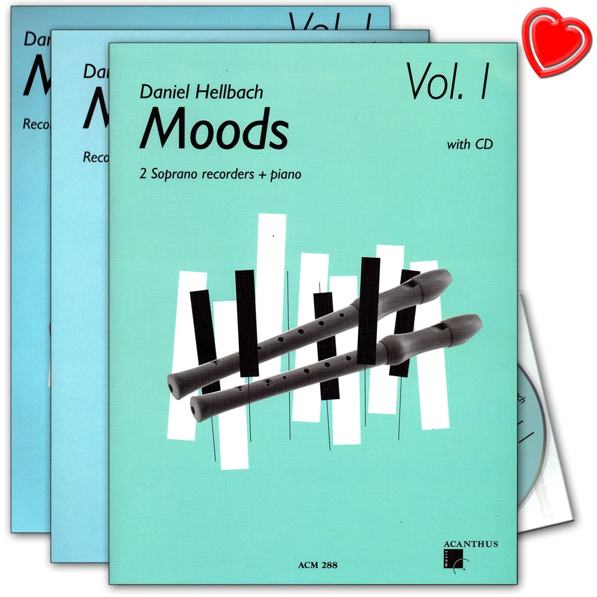 Moods Band 1-10 mittelschwere poppig-rockige Stücke für 2 Sopran-Blockflöten und Klavier von Daniel Hellbach - Notenbuch mit CD und bunter herzförmiger Notenklammer