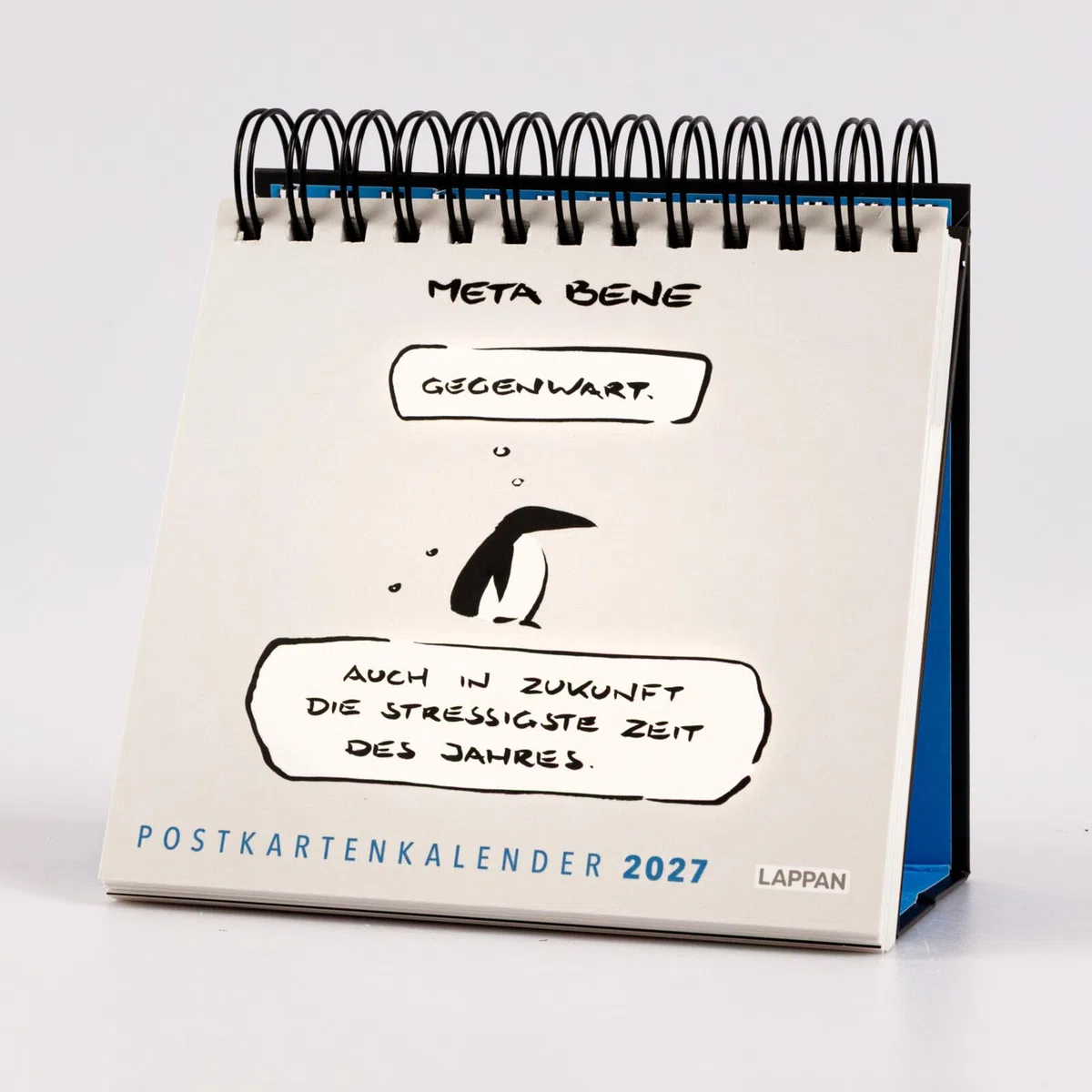 meta bene Postkartenkalender 2027: 52 antrennbare und gut beschreibbare Postkarten | Stabiler Tischkalender und Wochenkalender mit Cartoons für zynische Optimisten