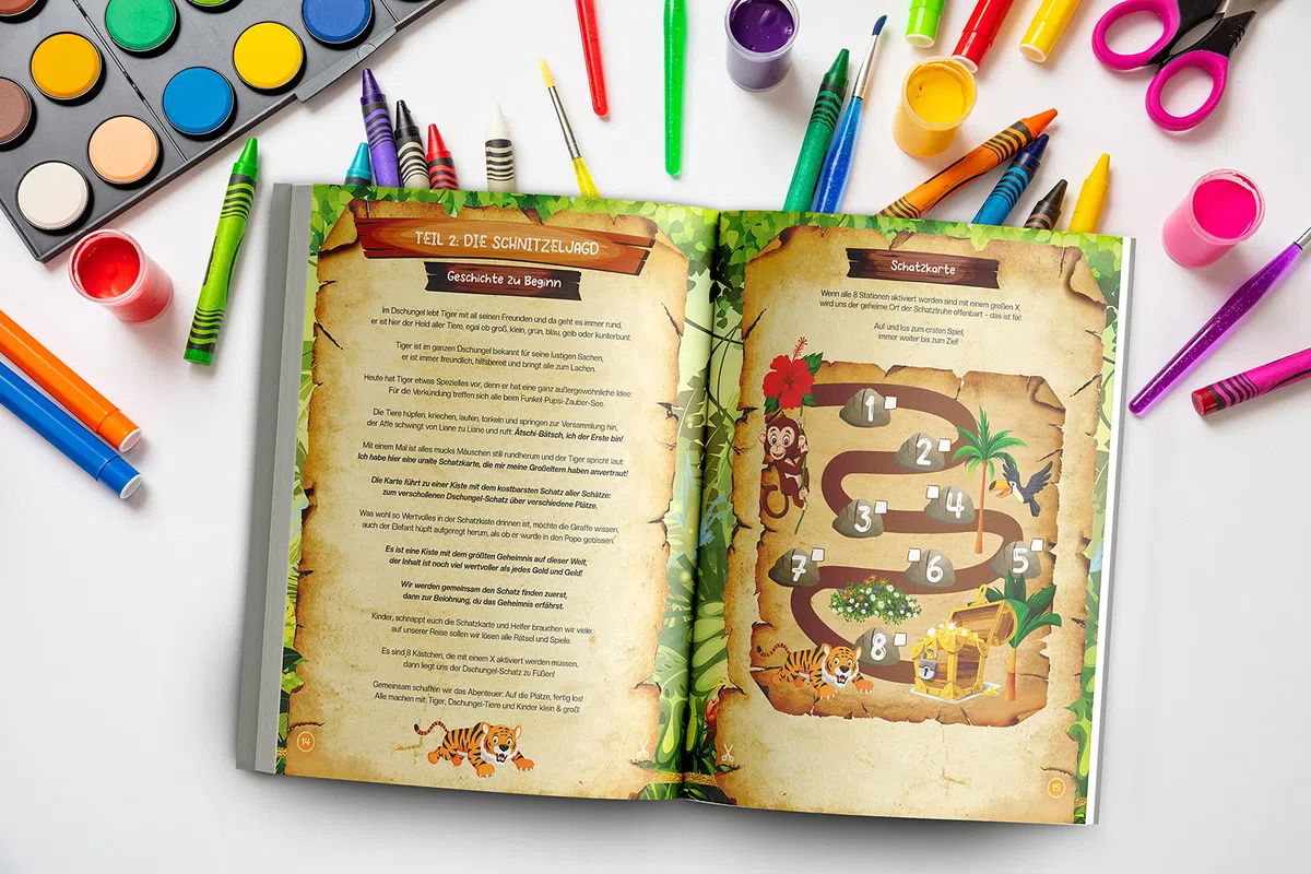 Schnitzeljagd Kindergeburtstag: 4 bis 6 Jahre | Findet mit Tiger den Dschungel-Schatz, löst die Rätsel und Spiele ratz-fatz! Komplette DIY Schatzsuche inkl. Einladungen, Urkunden, Kuchen-Deko u.v.m.