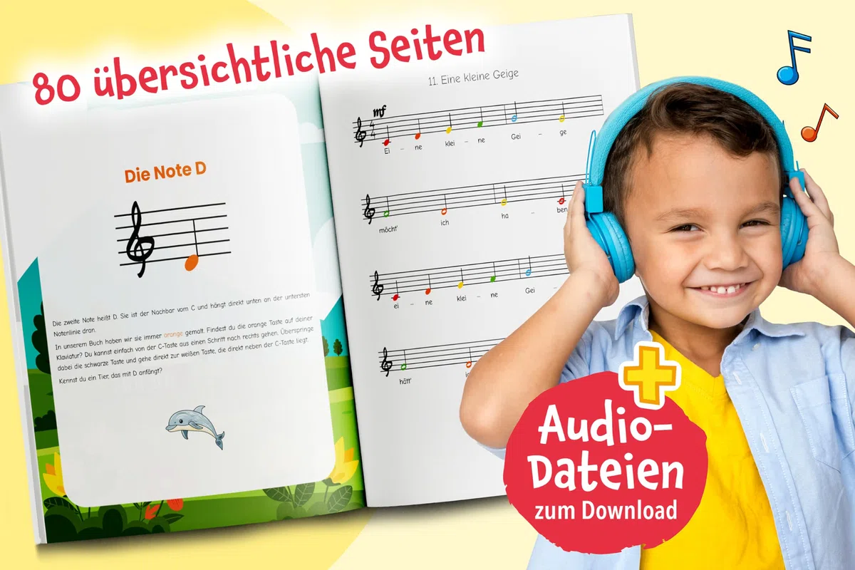 Klavier lernen für Kinder: Die Klavierschule mit bunten Klaviernoten zur musikalischen Früherziehung inkl. Klaviertasten-Schablonen zum Ausschneiden + Audio-Dateien zum Download