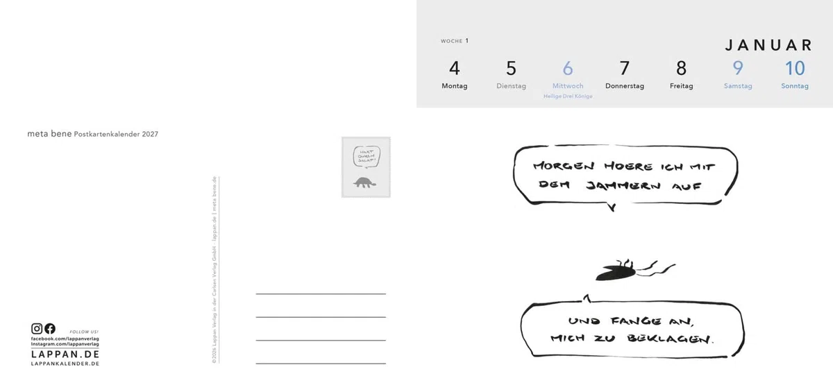 meta bene Postkartenkalender 2027: 52 antrennbare und gut beschreibbare Postkarten | Stabiler Tischkalender und Wochenkalender mit Cartoons für zynische Optimisten