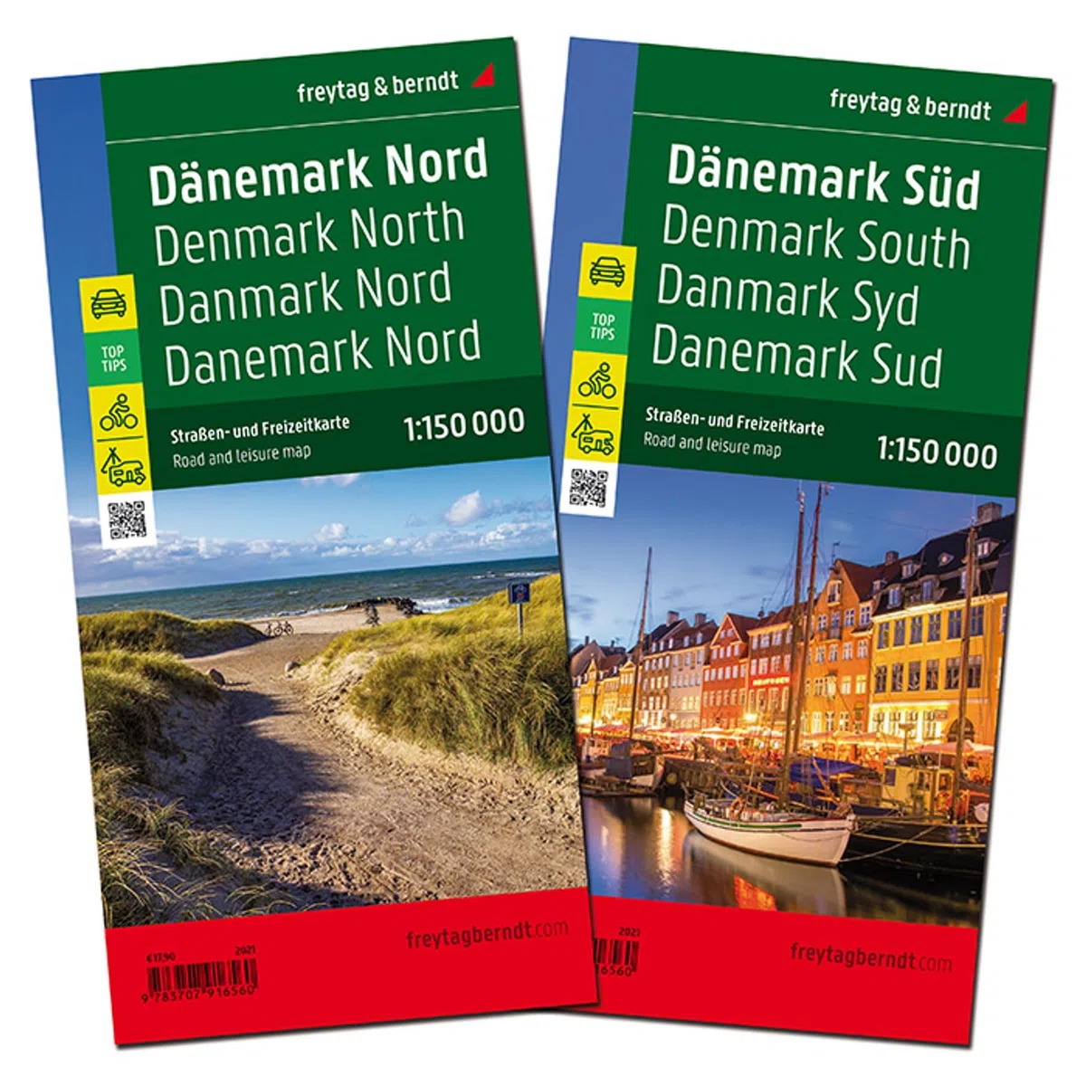 Dänemark Nord und Süd, Autokarten Set 1:150.000: 2 Blätter in Kunststoff-Hülle mit Infoguide und Top Tips
