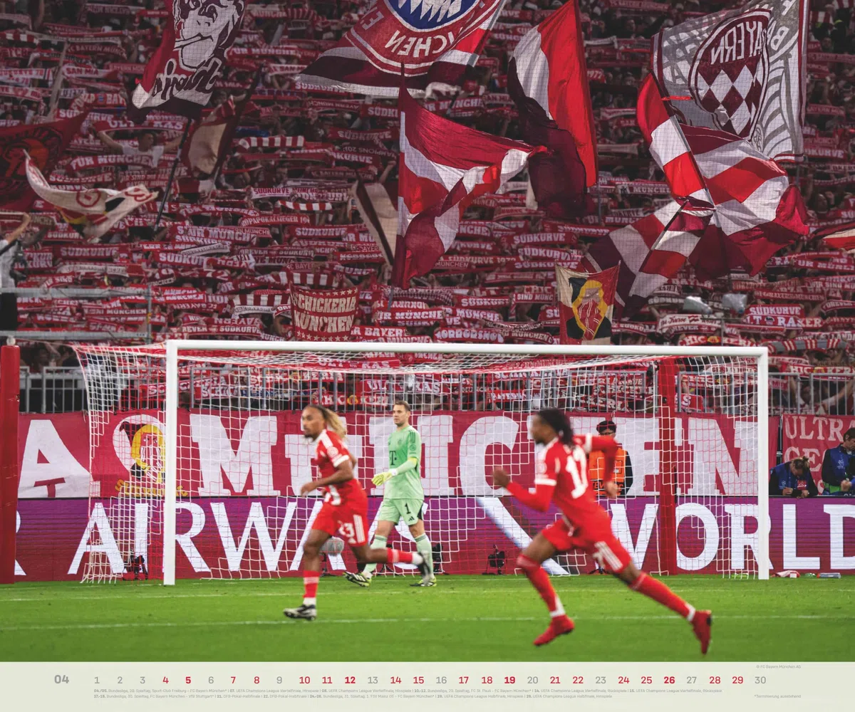 N Neumann - FC Bayern München 2026 – Wandkalender 60x50 cm mit 12 Monatsblättern, deutschem Kalendarium & Spiralbindung, offizieller Fußball-Fankalender mit Stadion- & Team-Fotografien