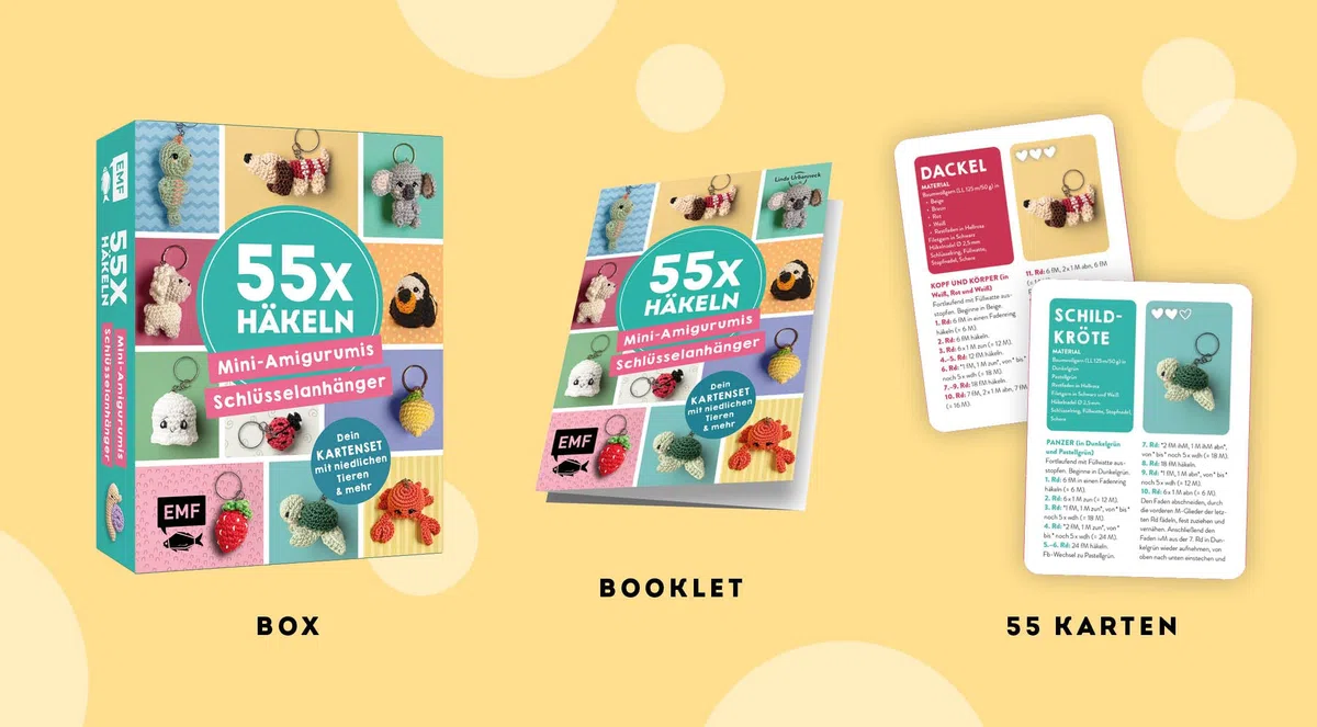 55 x häkeln – Mini-Amigurumis Schlüsselanhänger: Dein Kartenset mit niedlichen Tieren & mehr: 55 Karten mit Häkelfiguren für Schlüsselbund & Co. | Grundlagen-Booklet & 3 Schlüsselringe inklusive