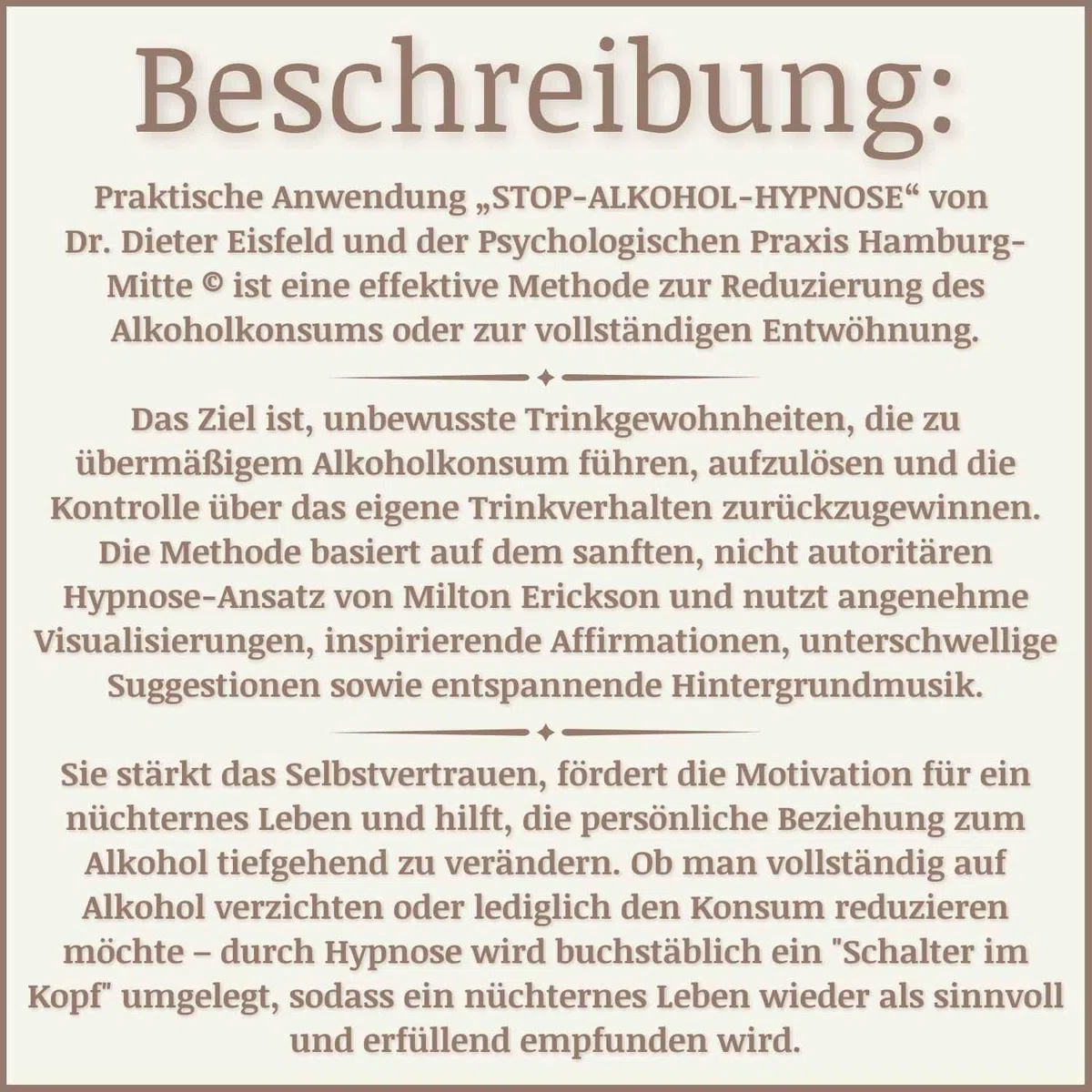 Stop-Alkohol-Hypnose: Alkoholfrei ohne Risiko und Nebenwirkungen | Von Dr. Dieter Eisfeld