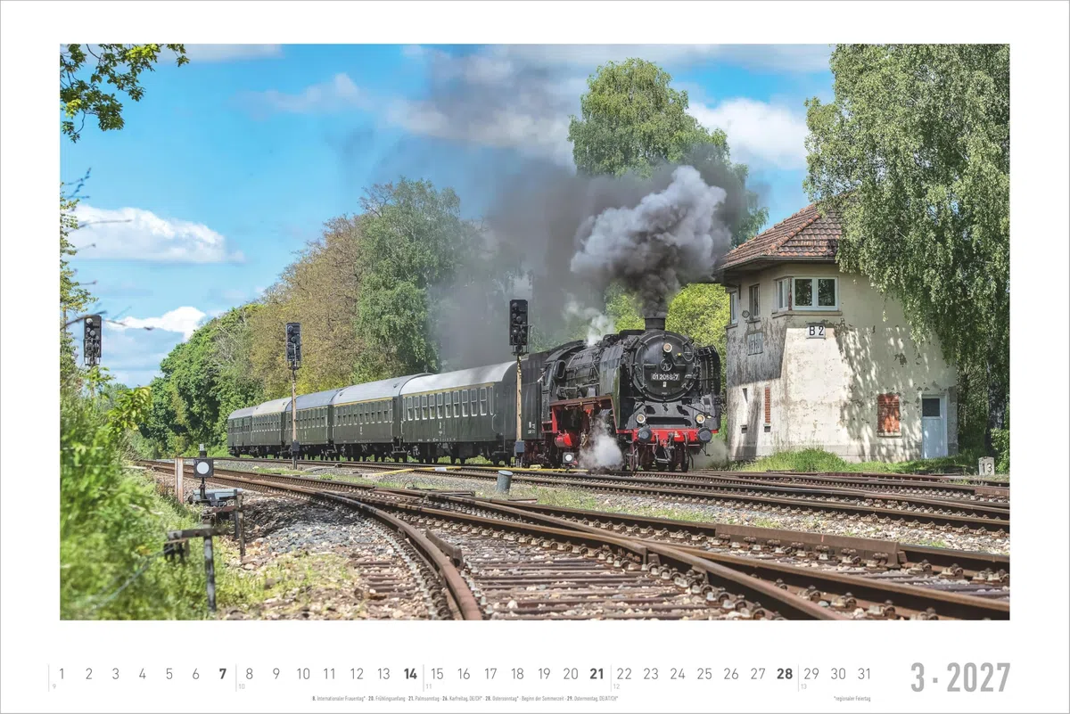 Faszinierende Dampfloks 2027: Wandkalender 49,5x33 cm mit 12 Dampflok-Motiven, sprachneutralem Kalendarium und Spiralbindung