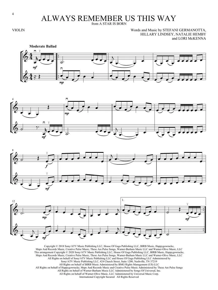 Movie Hits for Violin Duet