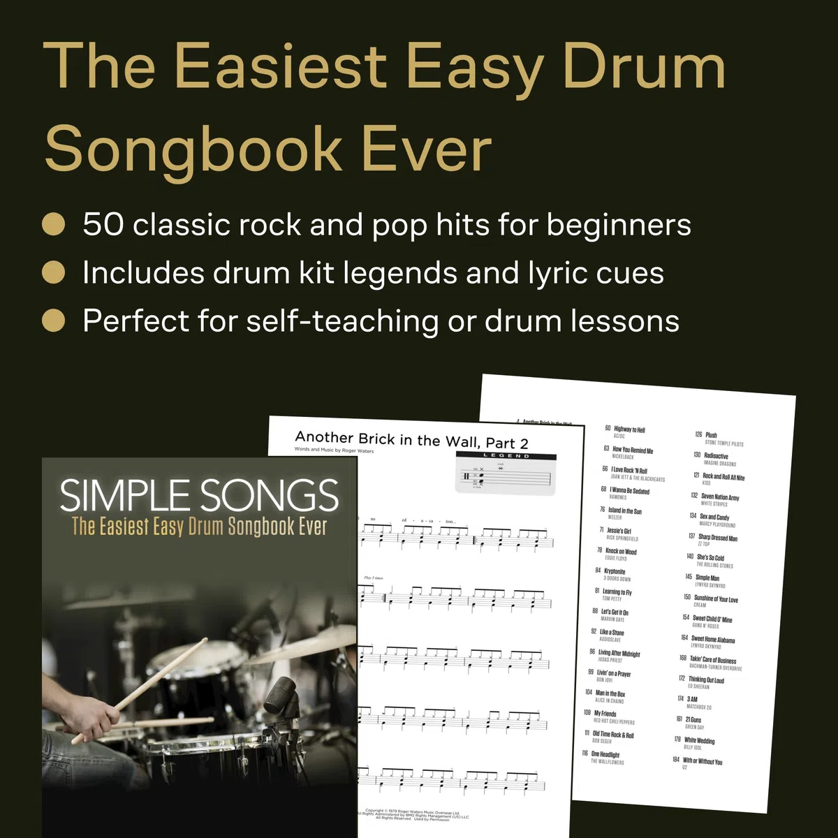 Simple Songs: The Easiest Easy Drum Songbook Ever | 50 Einfache Schlagzeugnoten für Anfänger | Schlagzeug Notenbuch mit Rock Pop Klassiker | Schlagzeug lernen mit beliebten Songs leicht gemacht