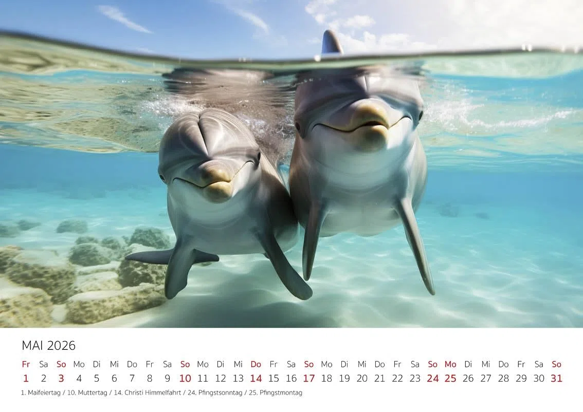 Edition Seidel Premium Kalender Der blaue Delfinkalender 2026 Format DIN A4 Wandkalender Tierkalender Delfin Delfine Säugetiere Meere Ozean