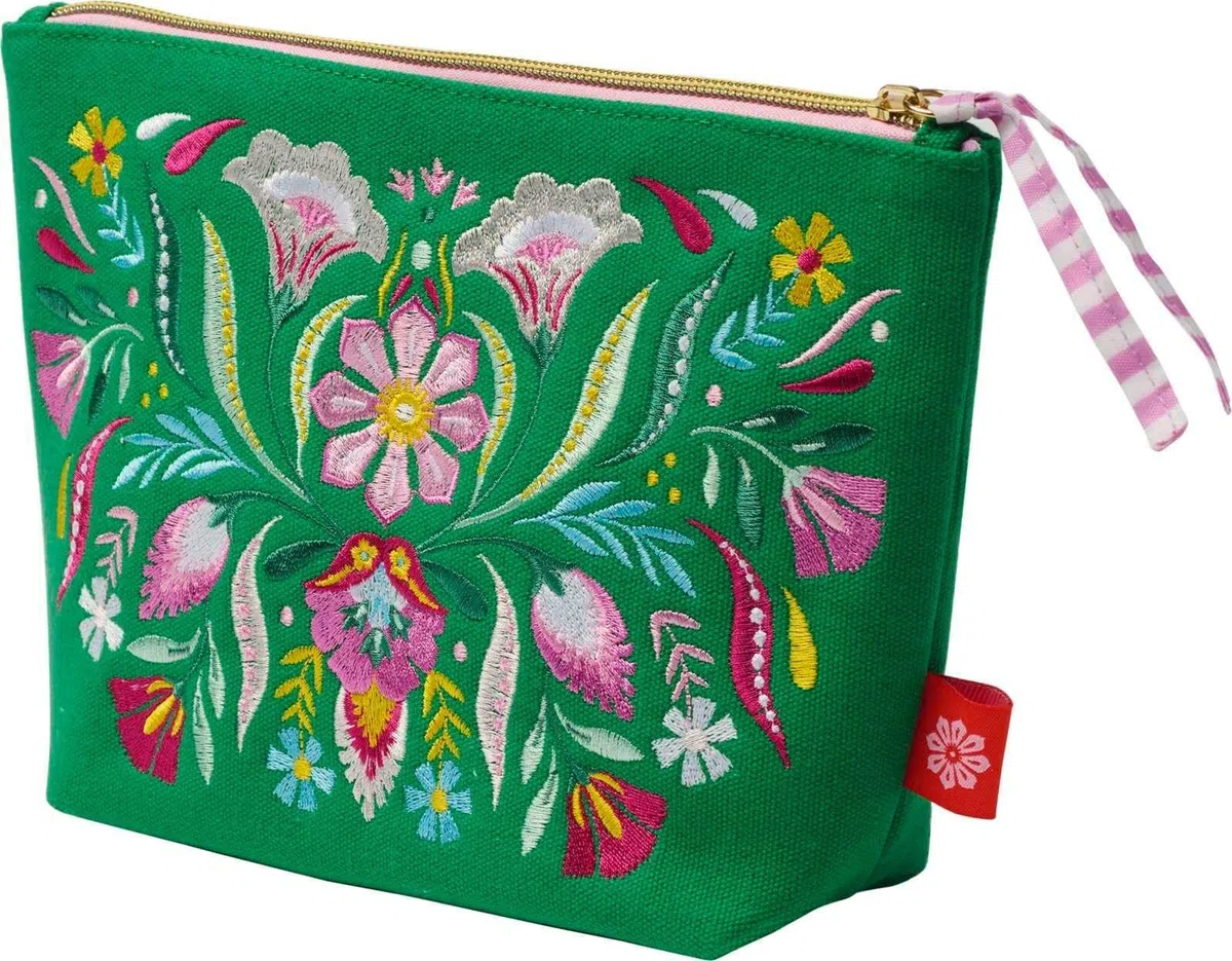 Fiesta del Sol Accessoirestasche bestickt, 18 x 24 cm, grün: Bunt bestickter Leinenstoff. Hochwertige Schminktasche oder Kulturbeutel. Geschenk für Freundin, Mutter, Tochter
