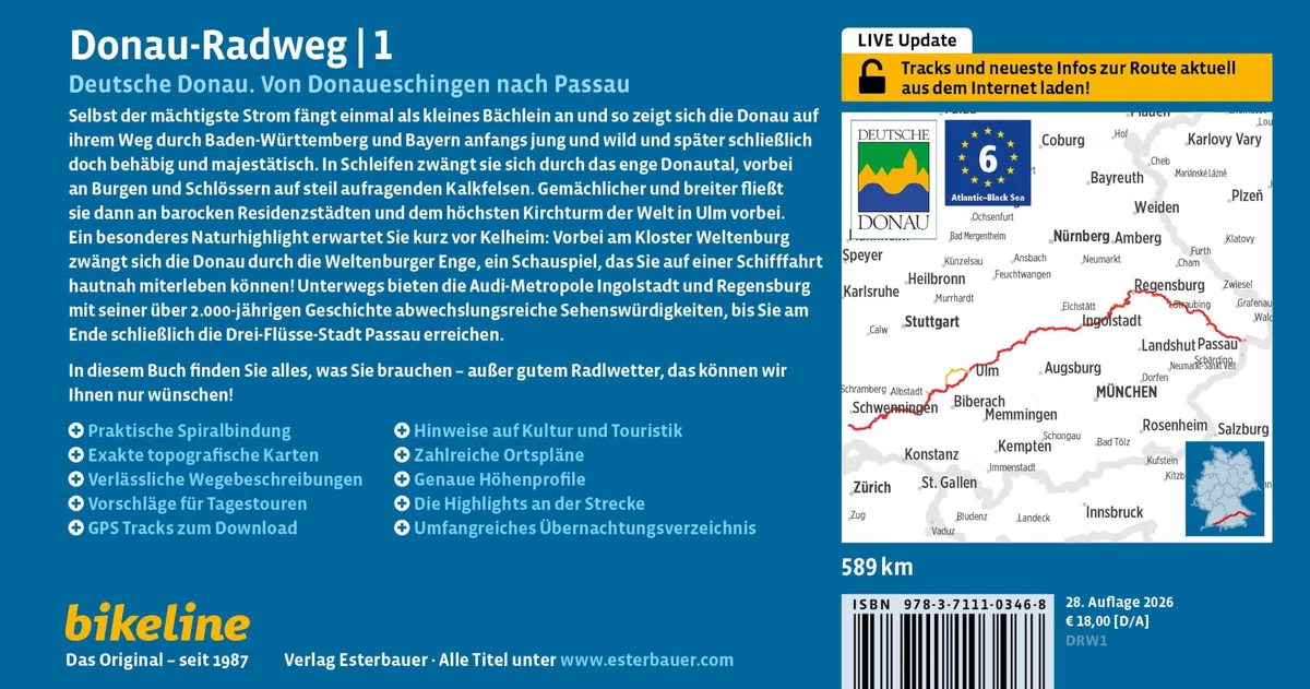 Donauradweg / Donau-Radweg 1: Deutsche Donau. Von Donaueschingen nach Passau, 1:50.000, 589 km, GPS-Tracks Download, LiveUpdate, Übernachtungsverzeichnis (Bikeline Radtourenbücher)