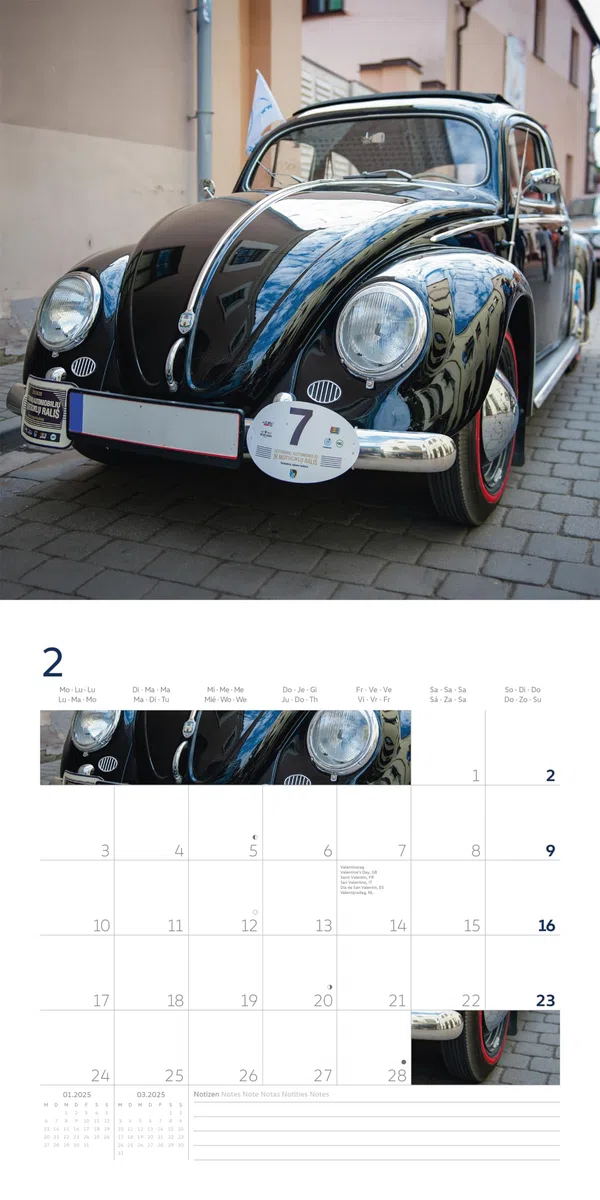 Volkswagen Käfer Kalender 2025 Broschürenkalender, 30x30cm, Kalender mit verschiedensten Abbildungen vom VW Käfer, mit Bucket List und internationalen Feiertaqgem, mit Aufhänger