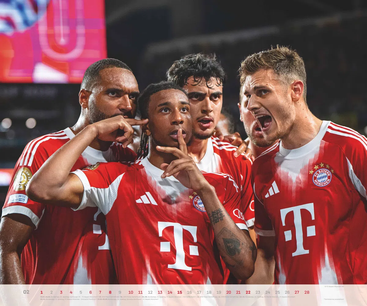 N Neumann - FC Bayern München 2026 – Wandkalender 60x50 cm mit 12 Monatsblättern, deutschem Kalendarium & Spiralbindung, offizieller Fußball-Fankalender mit Stadion- & Team-Fotografien