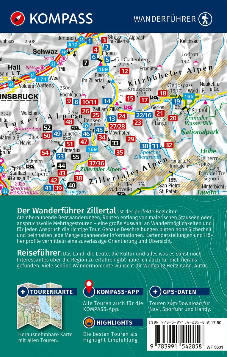 KOMPASS Wanderführer Zillertal, 55 Touren mit Extra-Tourenkarte: mit Touren und GPS-Daten in der KOMPASS-App